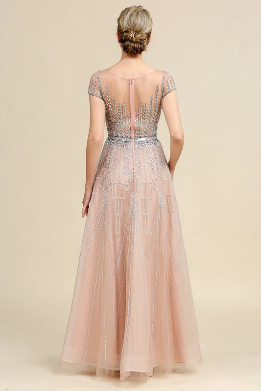 DingJiDress Elegant Mom Of The Bride Dressbride Mother Dress Blush A Line Beaded Mother of Bride Dress With Short Sleeves