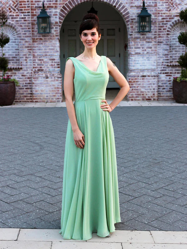DingJiDress Cowl Neck Chiffon A Line Bridesmaid Dresses With Draped Back Bridesmaid Dresses