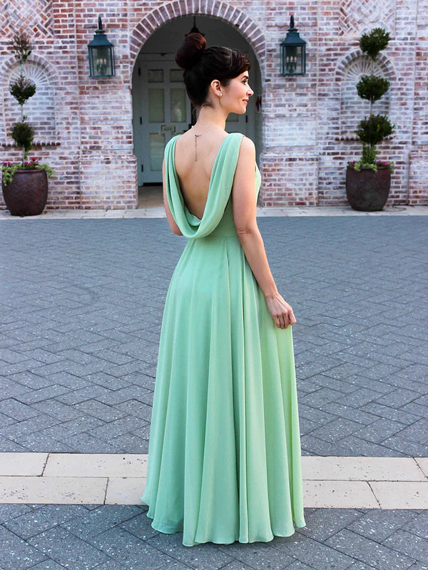 DingJiDress Cowl Neck Chiffon A Line Bridesmaid Dresses With Draped Back Bridesmaid Dresses