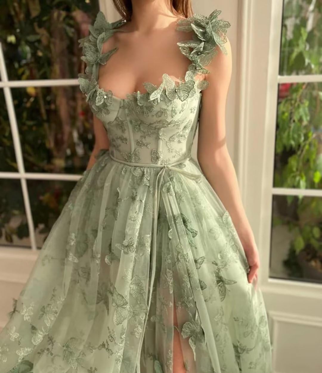 Long Tulle Prom Dress with 3D Butterflies Dress Ball Gown Evening Party Wedding Formal Dress Slit