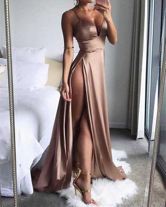 DingJiDress A Line Prom Dresses Satin High Slit Deep V Neck Straps Evening Dresses