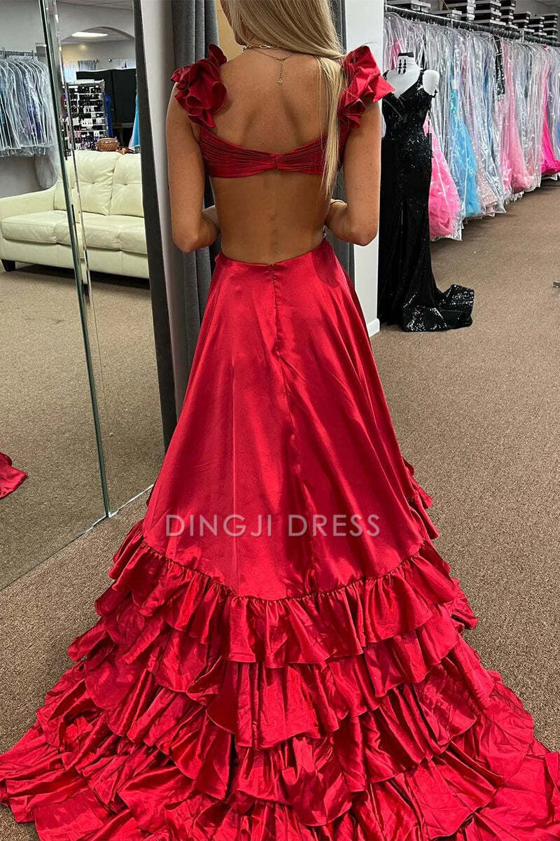 DingJiDress Formal Dress Sexy A-Line V-Neck Sleeveless Ruched Tiered Backless With Side Slit Charming Prom Dress