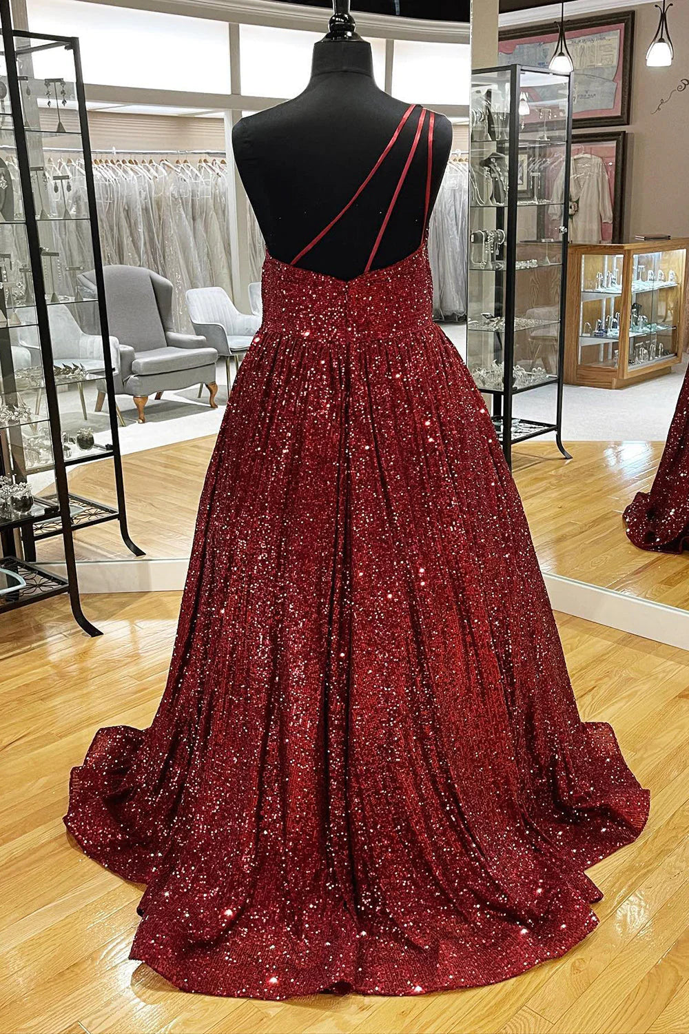 DingJiDress  A Line One Shoulder Long Prom Dresses with Pockets Sequin Sparkly