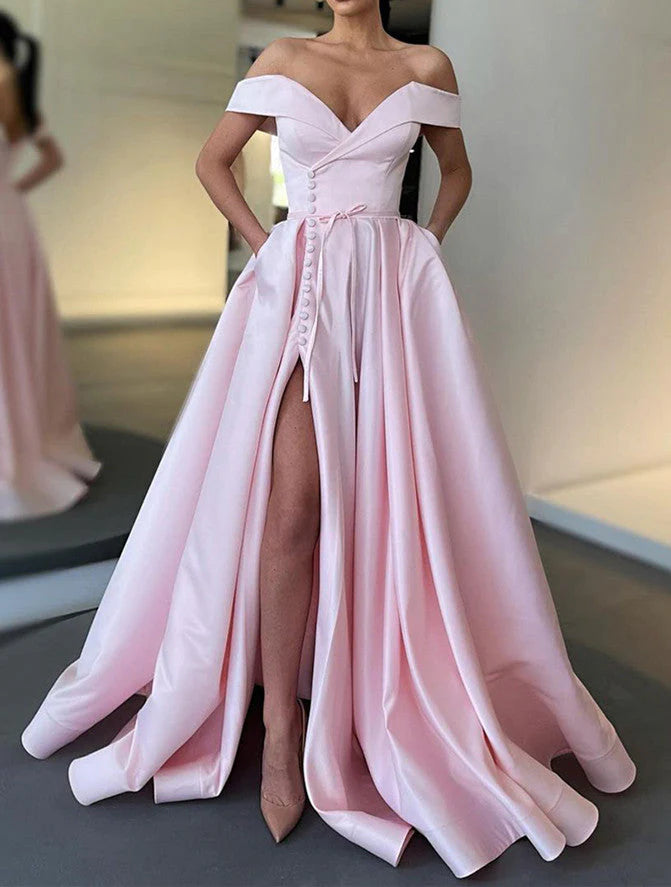 DingJiDress Prom Dresses Sexy A-Line Long Off The Shoulder High Slit Satin