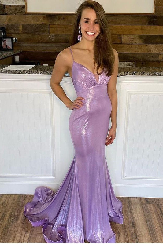 DingJiDress Prom Dresses Sexy Mermaid Straps V Neck Stretch Satin  With Sweep Train