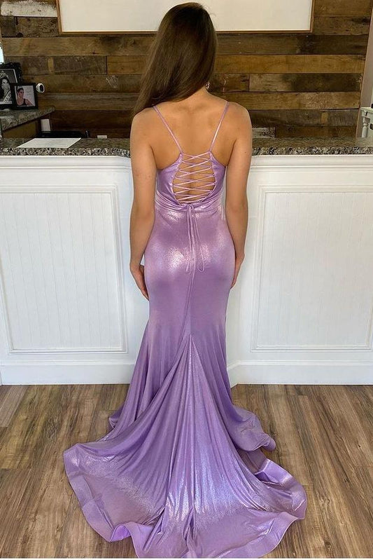DingJiDress Prom Dresses Sexy Mermaid Straps V Neck Stretch Satin  With Sweep Train