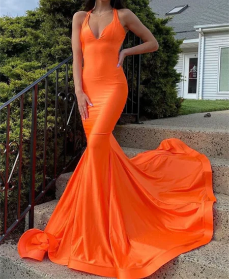 DingJiDress Prom Dresses Sexy Open Back V Neck Satin Mermaid Sweep Train