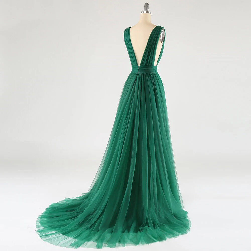 DingJiDress Prom Dress Sexy Sweep Train V Neck Tulle