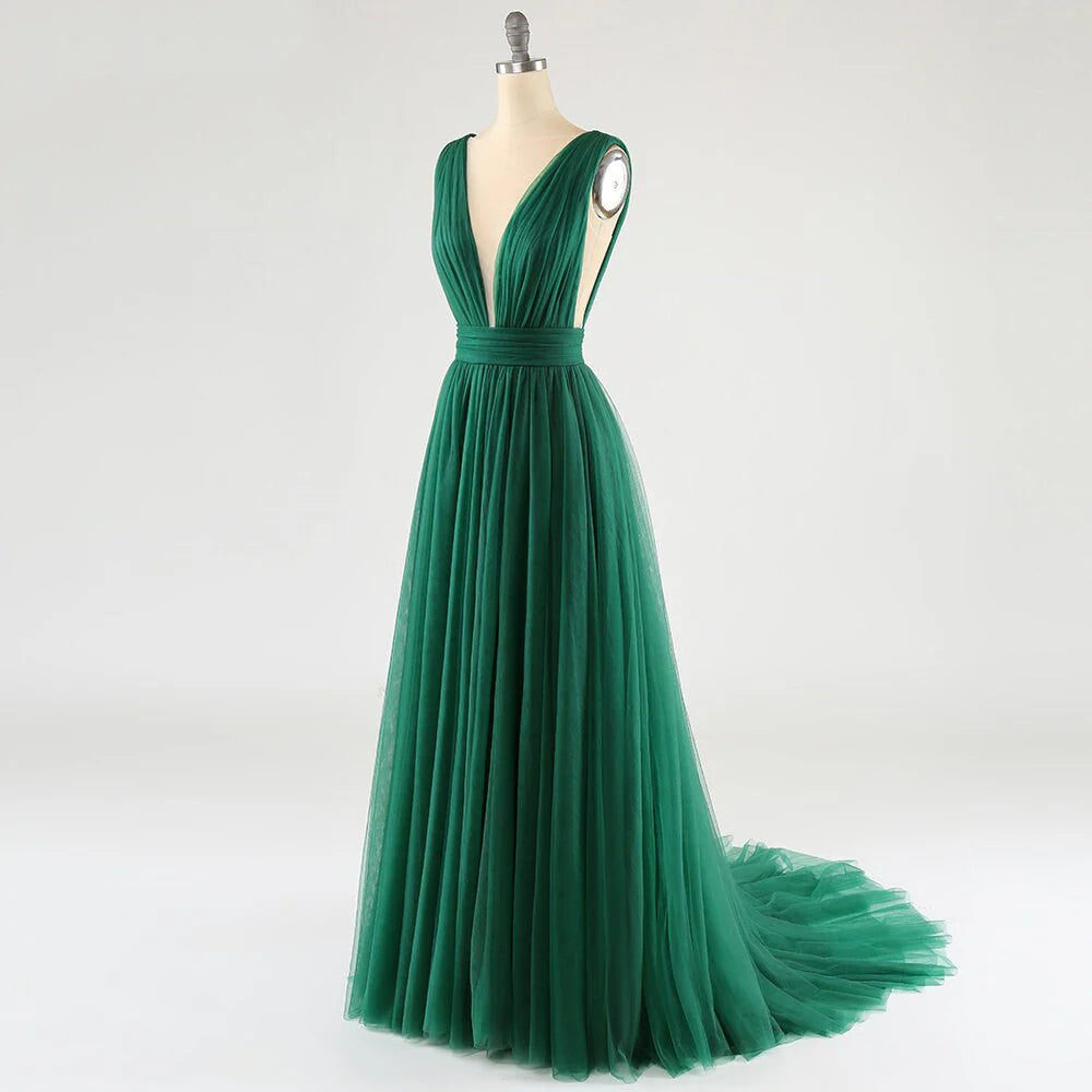 DingJiDress Prom Dress Sexy Sweep Train V Neck Tulle
