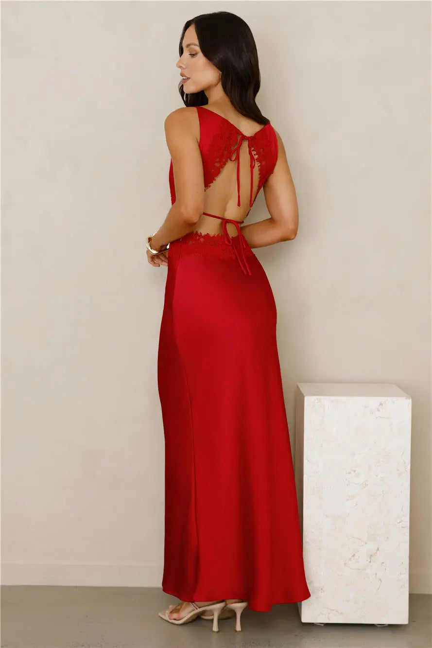 Sheath Cowl Neck Cutout Waist Backless Lace Satin Red Maxi Evening Dress