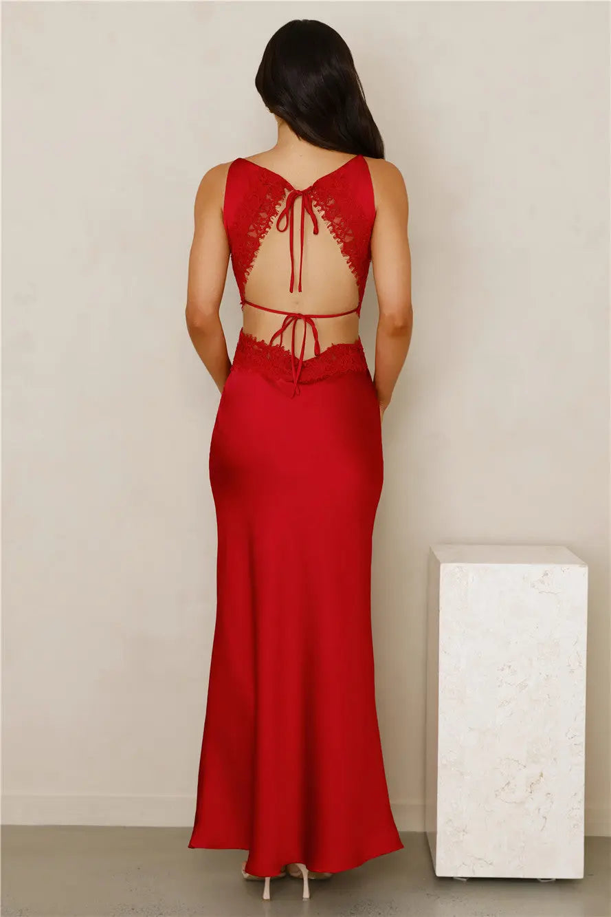 Sheath Cowl Neck Cutout Waist Backless Lace Satin Red Maxi Evening Dress