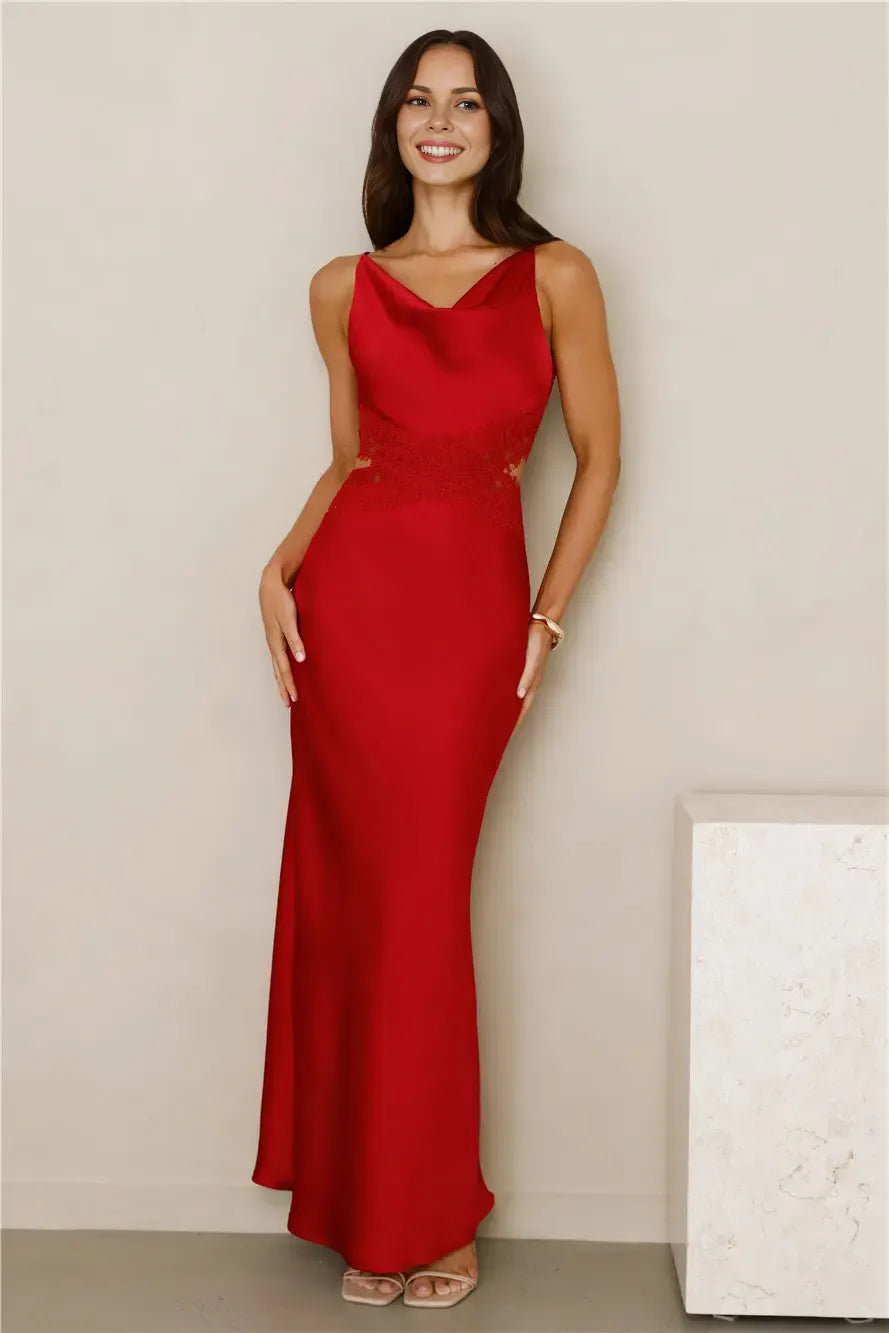 Sheath Cowl Neck Cutout Waist Backless Lace Satin Red Maxi Evening Dress