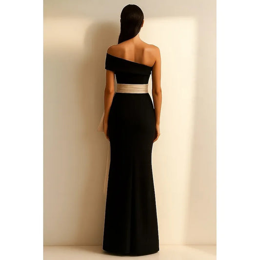Sheath One-Shoulder Bow Beige Black Floor Length Prom Dress For Women
