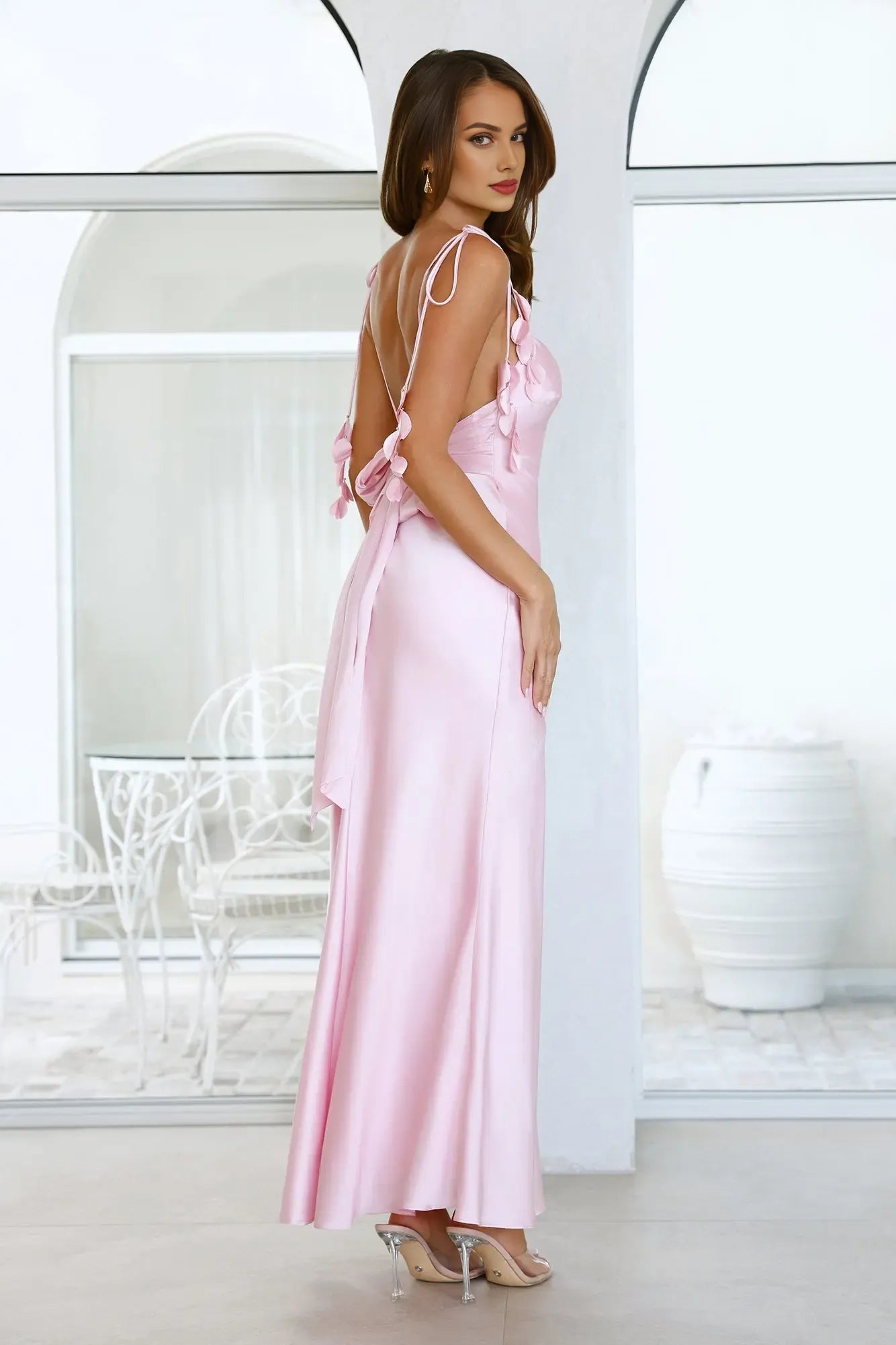 Sheath Spaghetti Straps Tie Waist Satin Pink Maxi Evening Dress With Petal