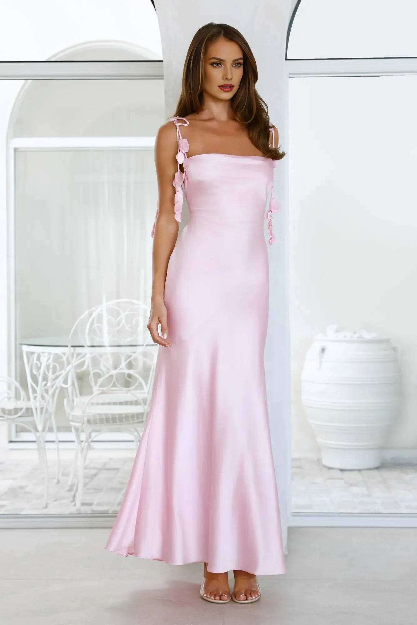 Sheath Spaghetti Straps Tie Waist Satin Pink Maxi Evening Dress With Petal