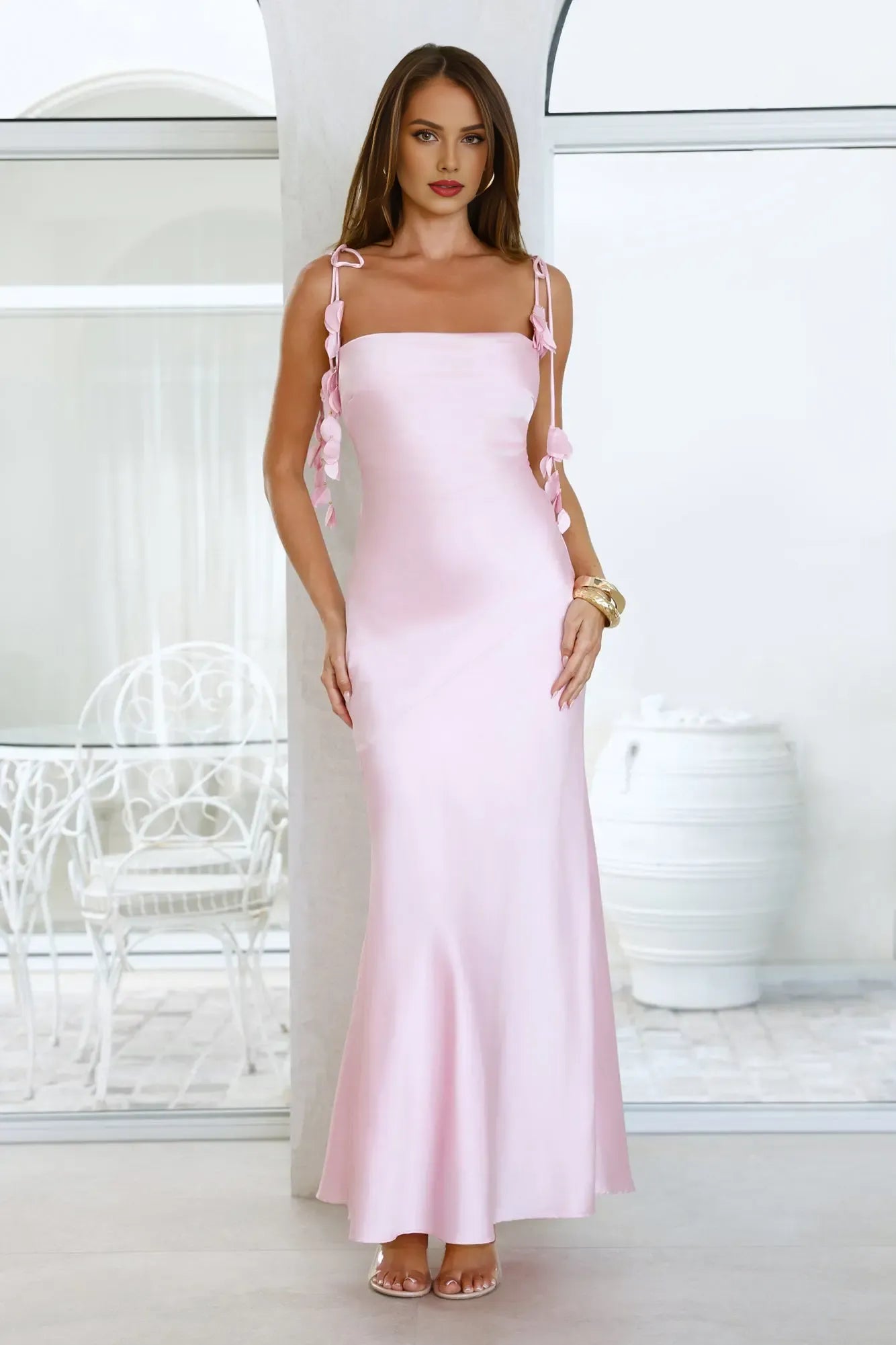 Sheath Spaghetti Straps Tie Waist Satin Pink Maxi Evening Dress With Petal