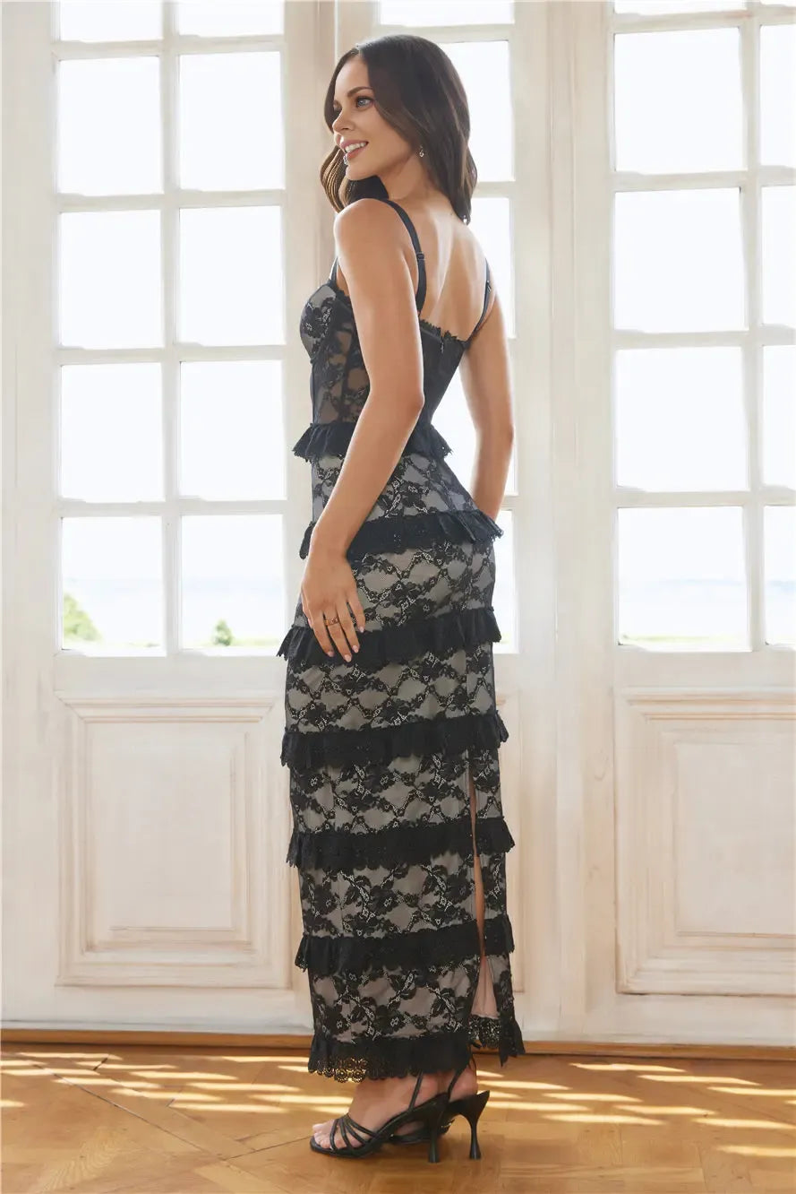 Sheath Sweetheart Tiered Ruffle Sheer Lace Black Maxi Evening Dress