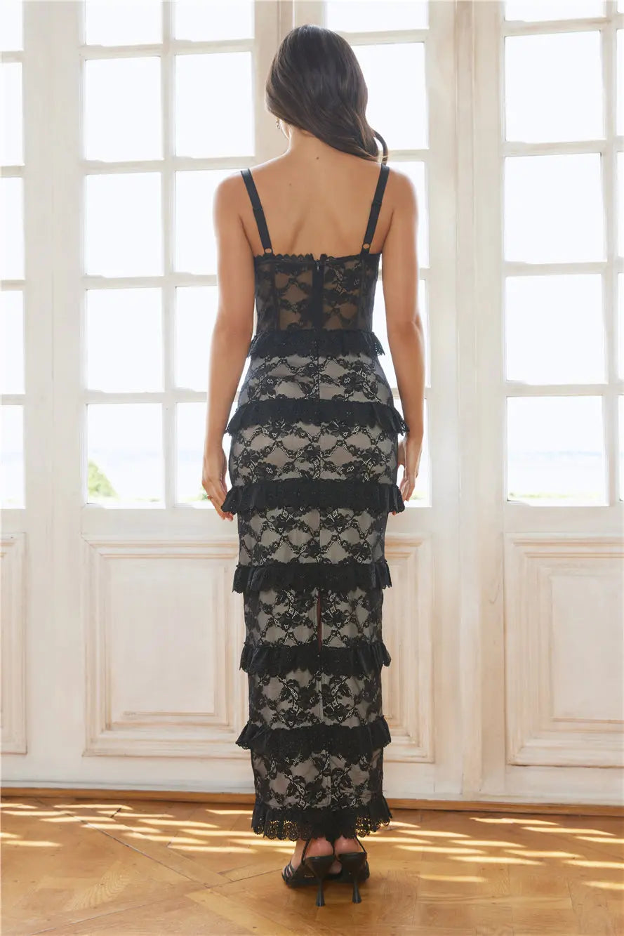 Sheath Sweetheart Tiered Ruffle Sheer Lace Black Maxi Evening Dress