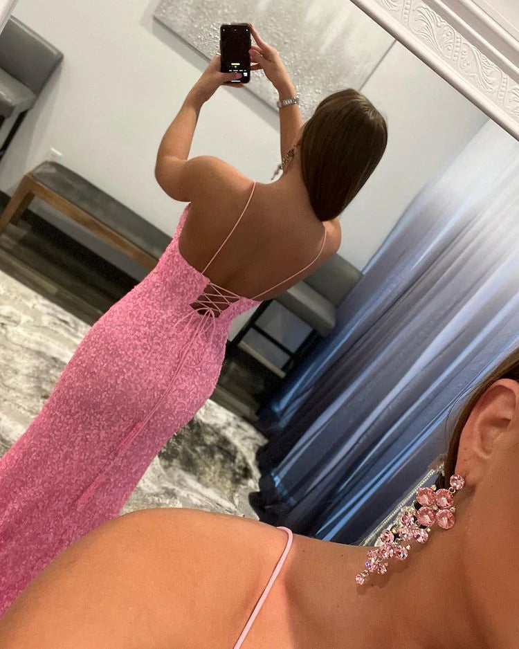 DingJiDress Prom Dresses Shiny Mermaid V Neck Spaghetti Straps Pink Long Detachable