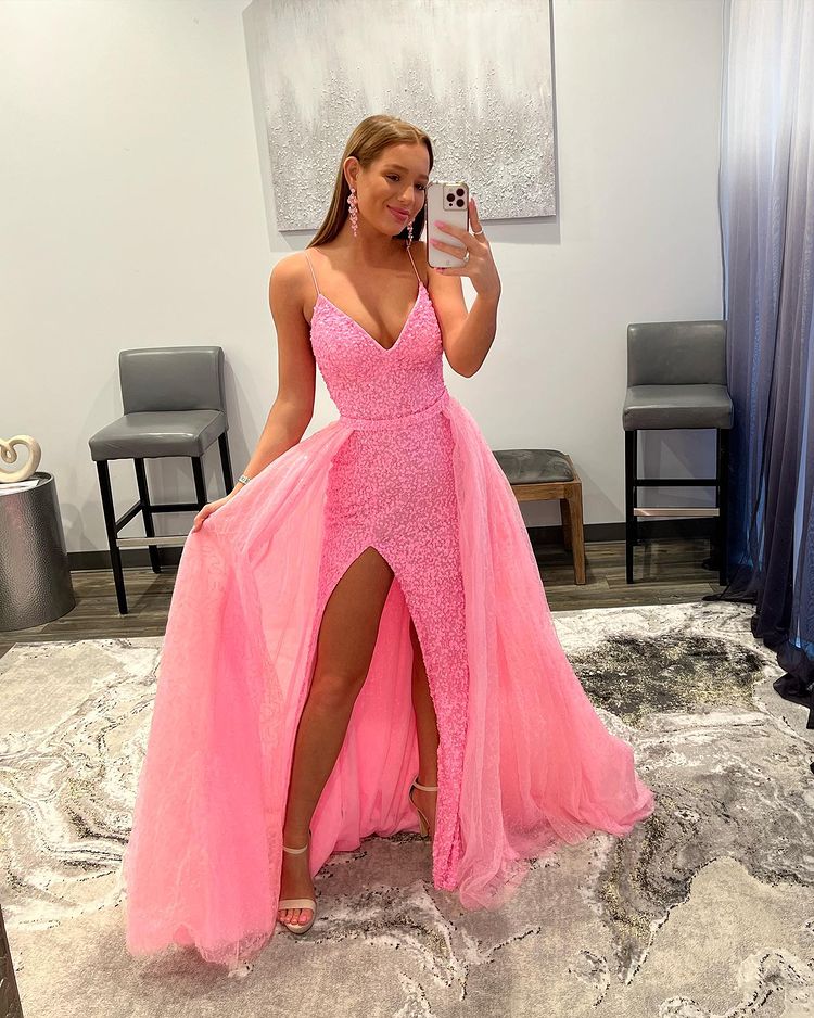DingJiDress Prom Dresses Shiny Mermaid V Neck Spaghetti Straps Pink Long Detachable