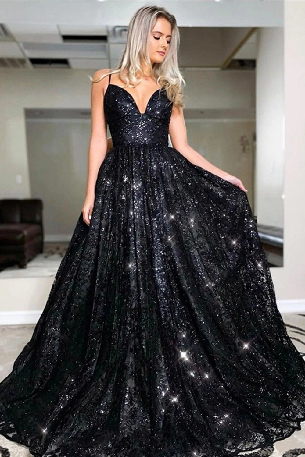 DingJiDress Long Prom Dress Shiny Sequins A Line V Neck Open Back Sparkly Lace Sequins Formal Evening Dress