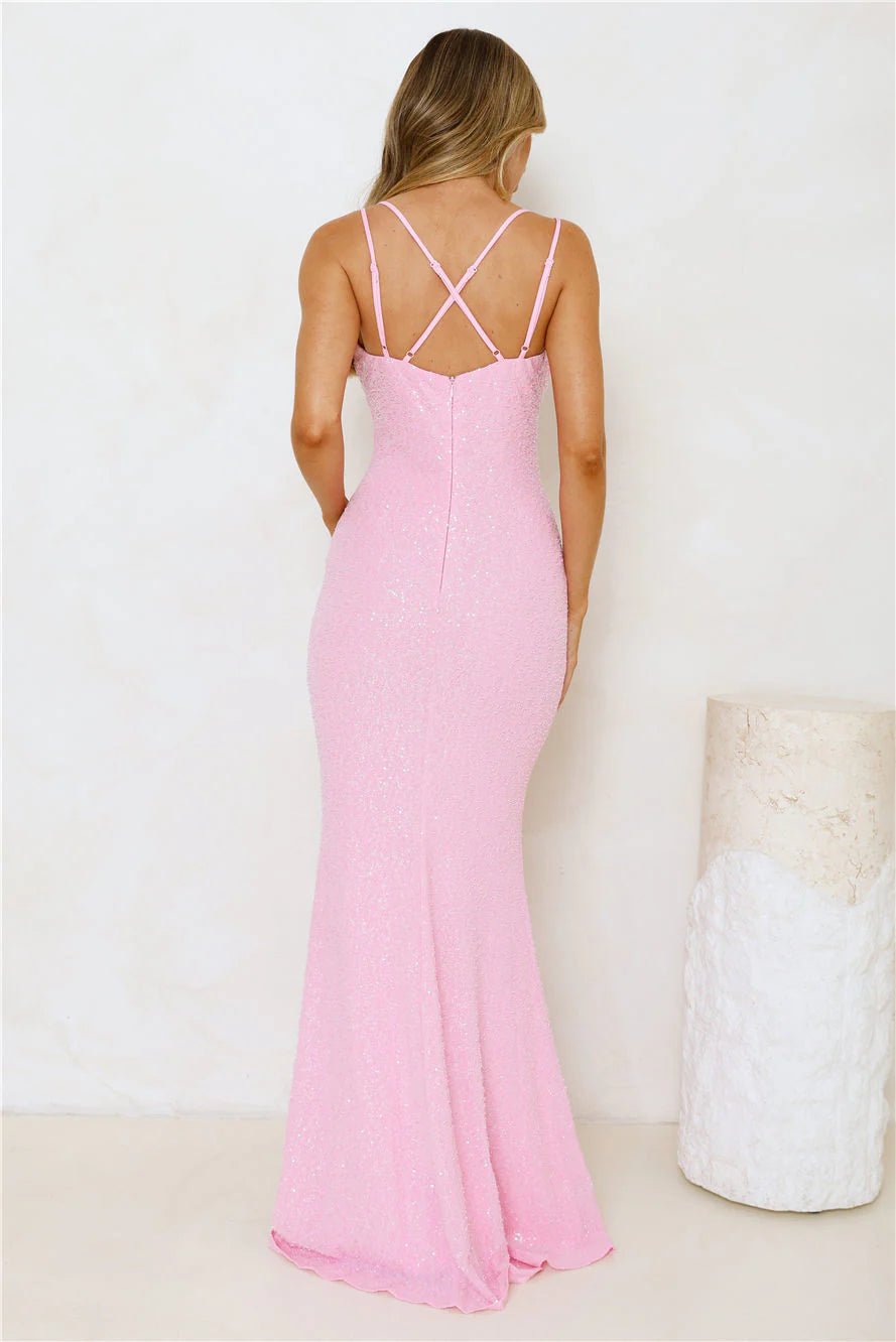 Shiny Mermaid Deep V Neck Double Straps Sequins Pink Maxi Prom Dress