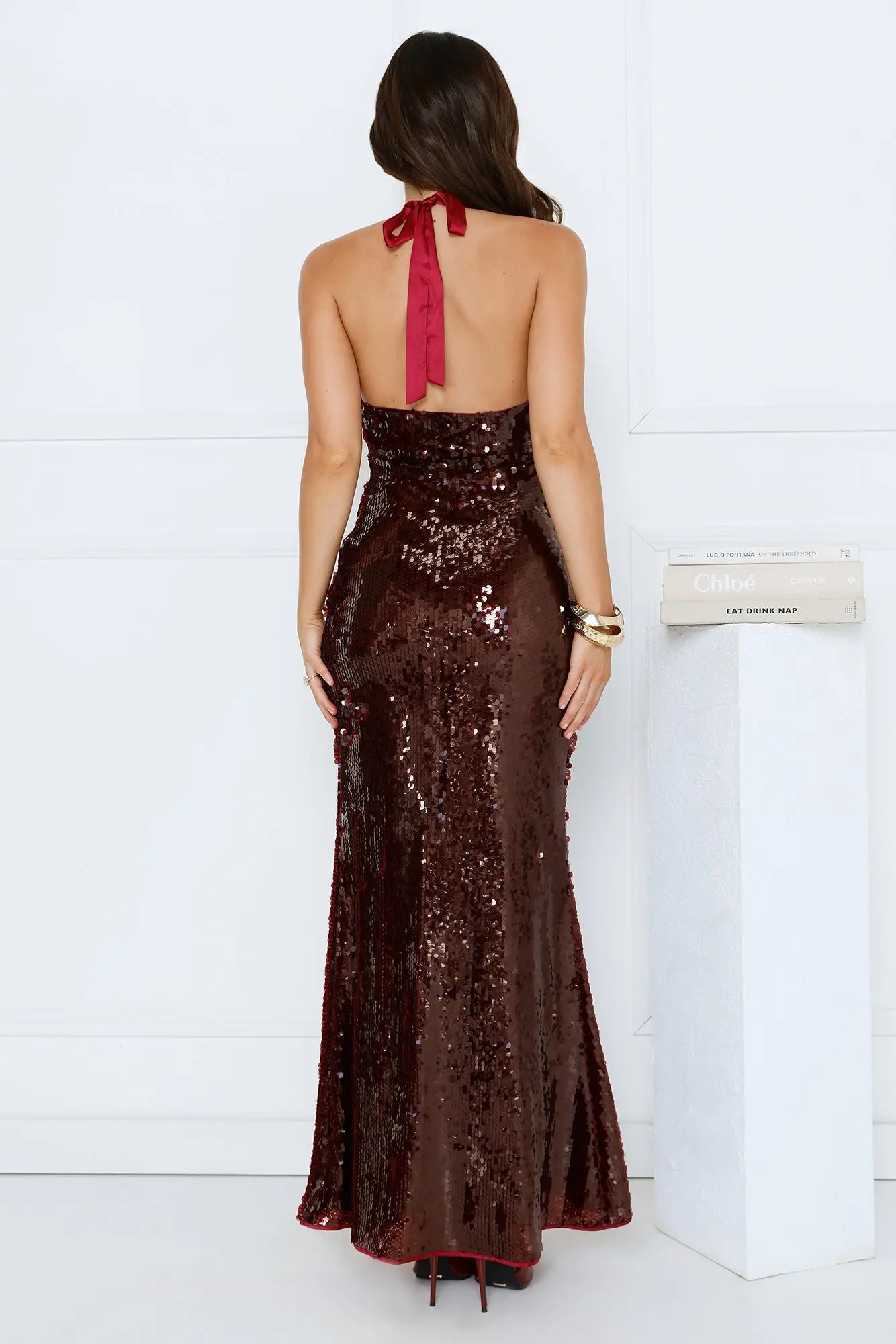 Shiny Mermaid Halter Tie Open Back Sequin Burgundy Maxi Evening Dress