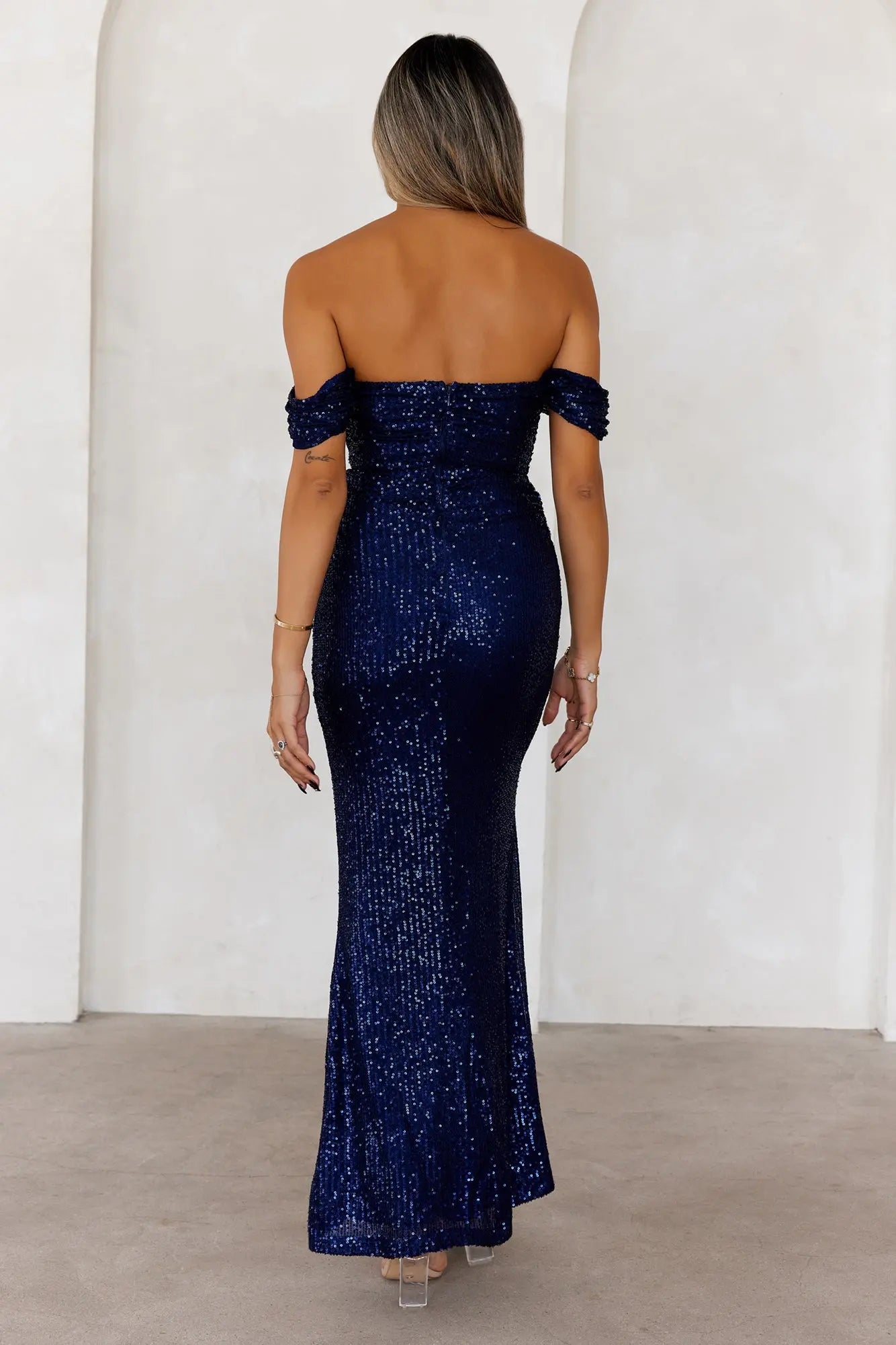 Shiny Mermaid Off Shoulder Sequin Navy Ankle Length Prom Dress With Slit