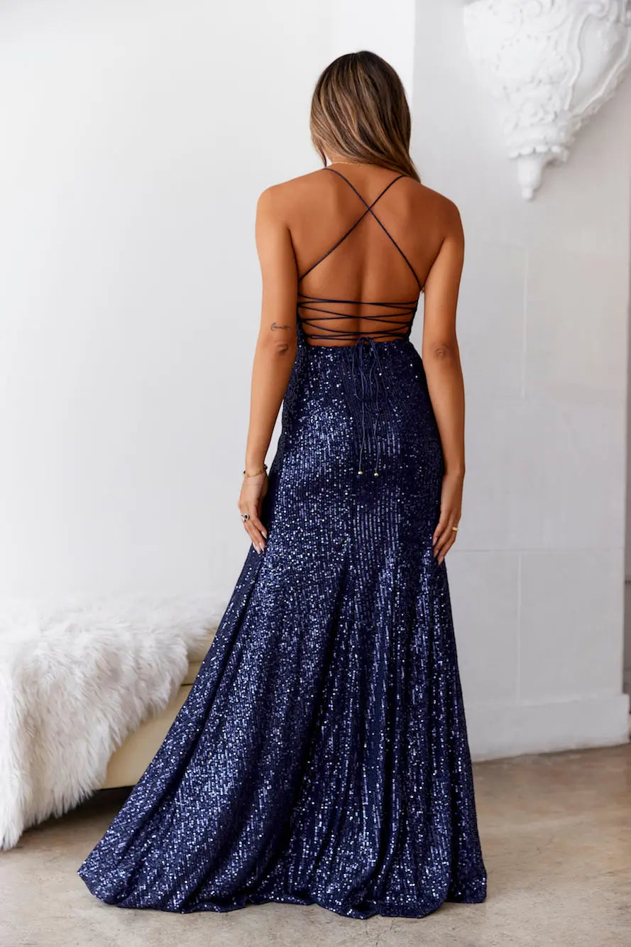 Shiny Mermaid V Neck Spaghetti Straps Sequins Navy Maxi Prom Dress With slit