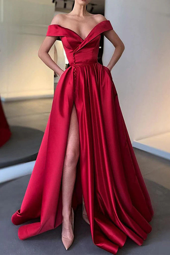 DingJiDress Prom Dresses Sexy A-Line Long Off The Shoulder High Slit Satin