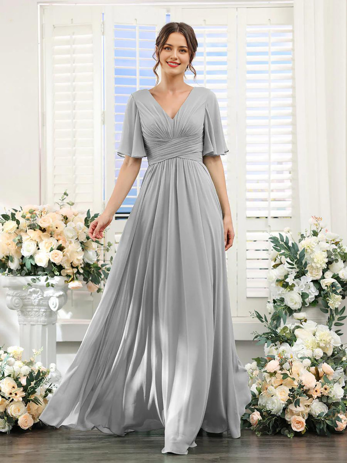 DingJiDress A-Line Bridesmaid Dress V-Neck Sleeve for Wedding Guest Long Formal Party Dresses with Slit
