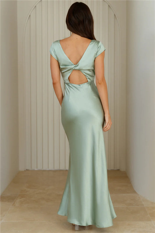 Simple Casual Mermaid V Neck Cap Sleeves Twist Back Satin Sage Maxi Prom Dress