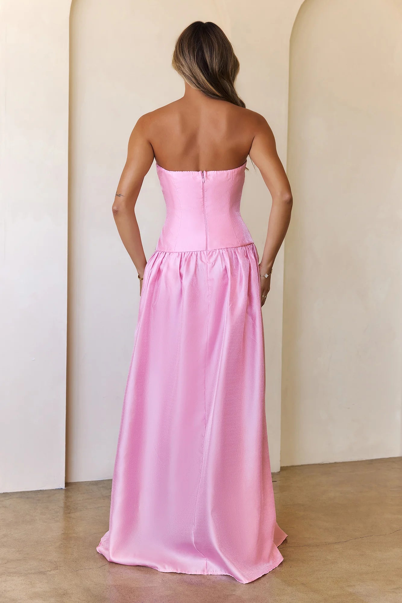 Simple Elegant A-line Strapless Satin Pink Floor Length Prom Dress For Women