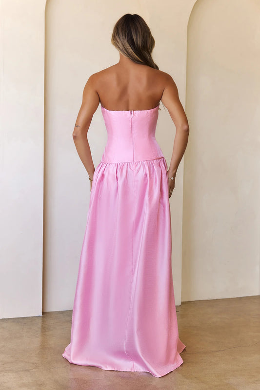 Simple Elegant A-line Strapless Satin Pink Floor Length Prom Dress For Women