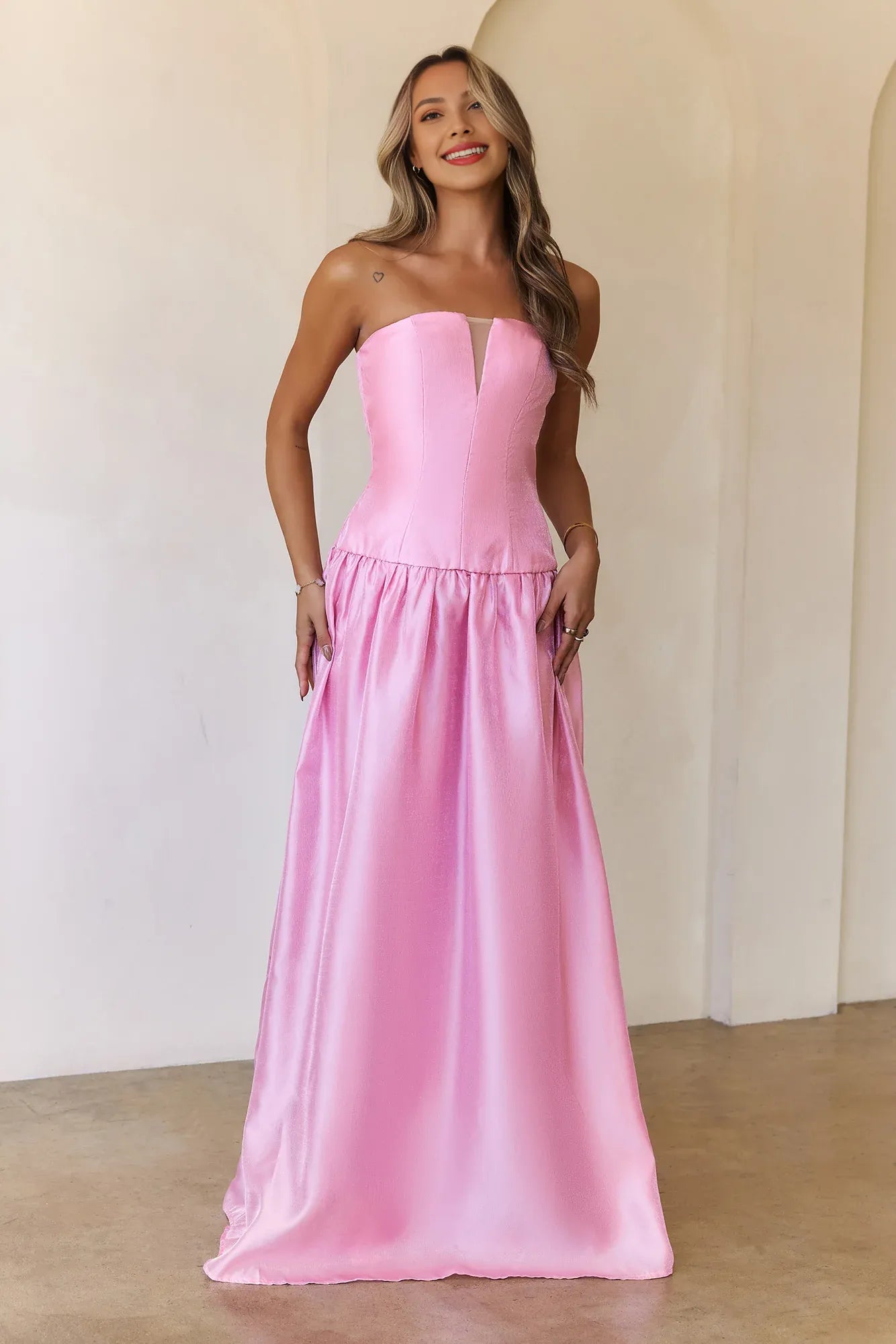 Simple Elegant A-line Strapless Satin Pink Floor Length Prom Dress For Women