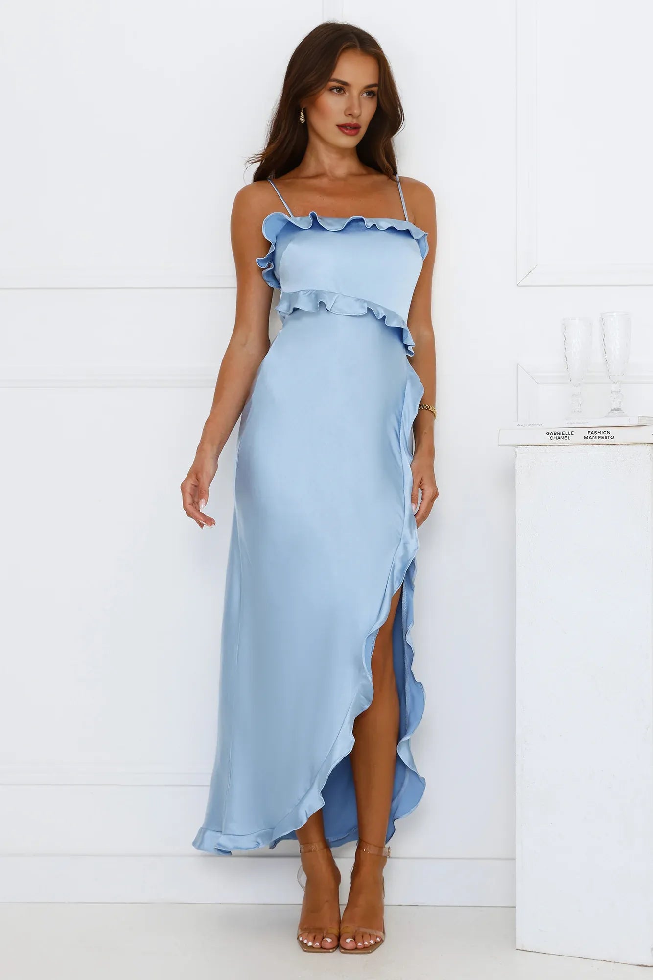 Simple Mermaid Spaghetti Straps Ruffle Satin Blue Maxi Prom Dress With Slit