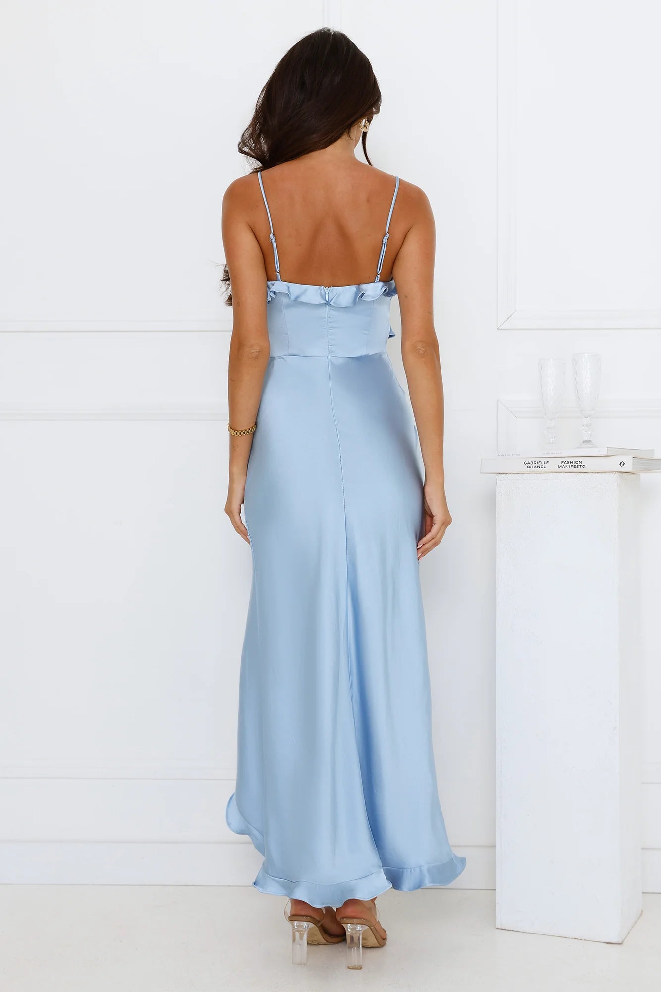 Simple Mermaid Spaghetti Straps Ruffle Satin Blue Maxi Prom Dress With Slit