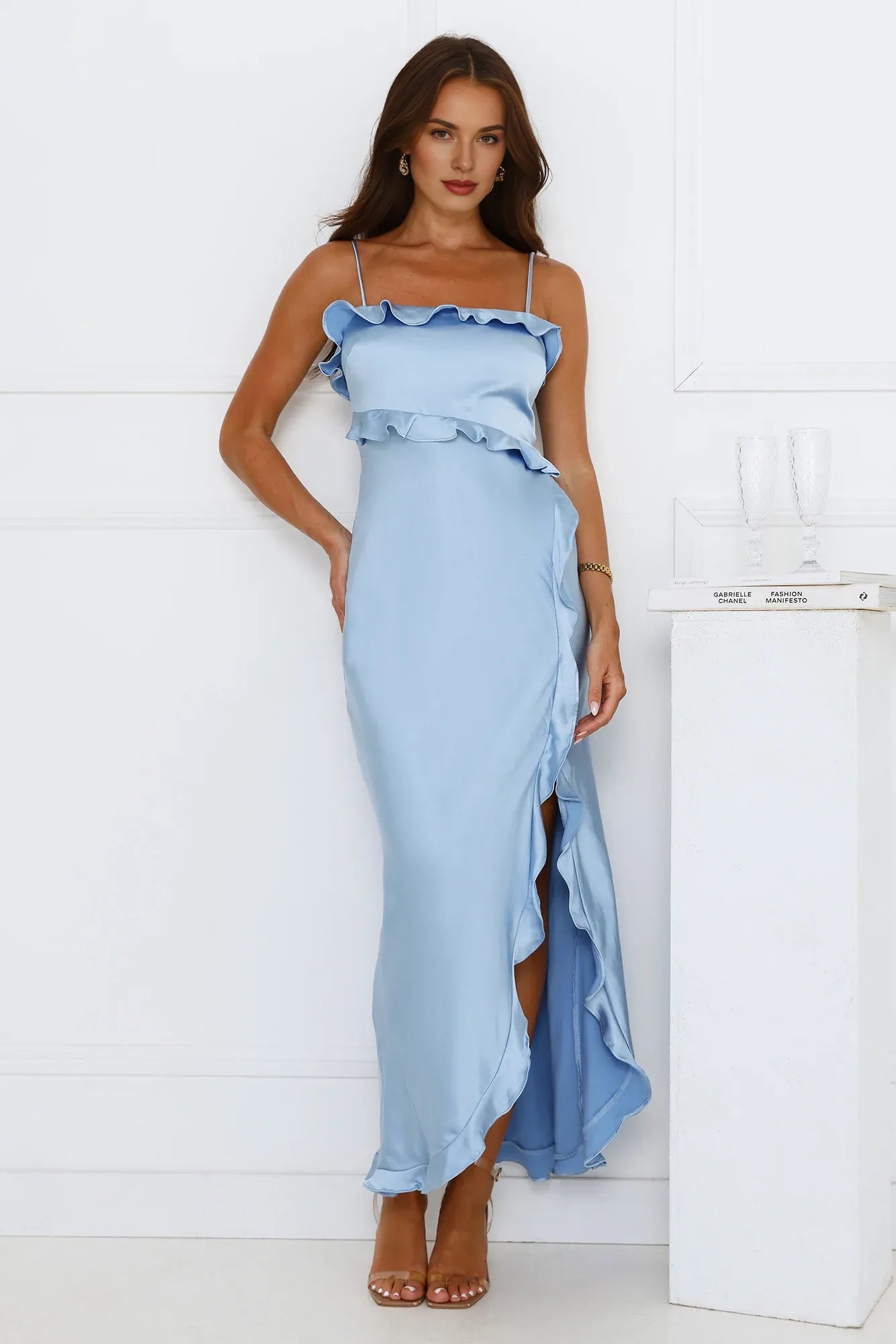 Simple Mermaid Spaghetti Straps Ruffle Satin Blue Maxi Prom Dress With Slit