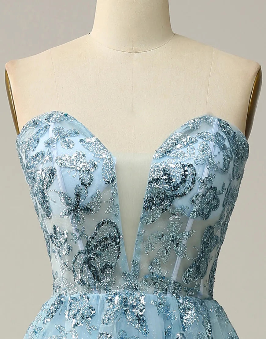 DingJiDress Sky Blue A-Line Tea Length Strapless Party Dress With Beading