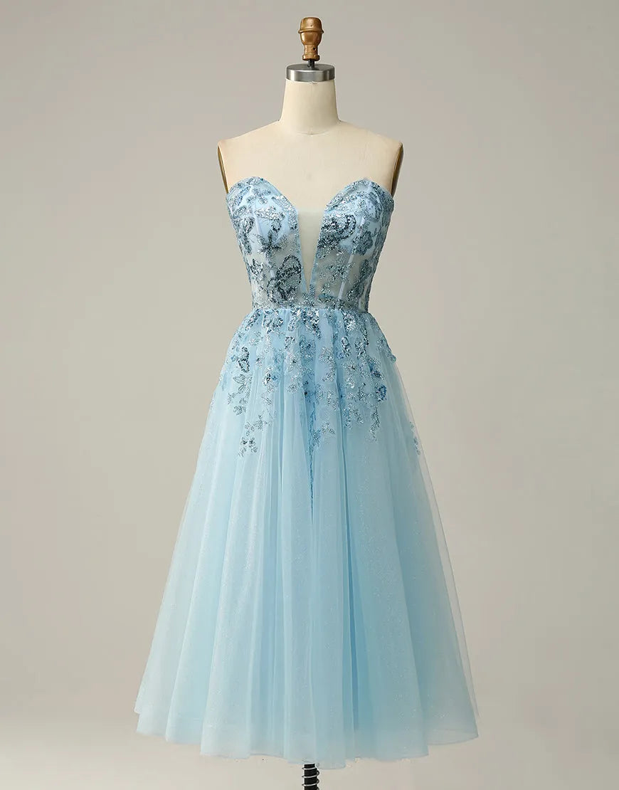 DingJiDress Sky Blue A-Line Tea Length Strapless Party Dress With Beading