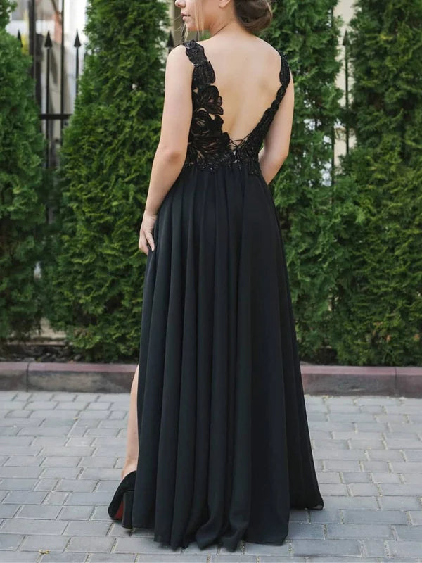 DingJiDress Sleeveless V-neck Black Wedding Dress With Side Slit