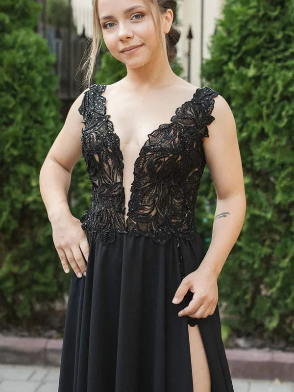 DingJiDress Sleeveless V-neck Black Wedding Dress With Side Slit