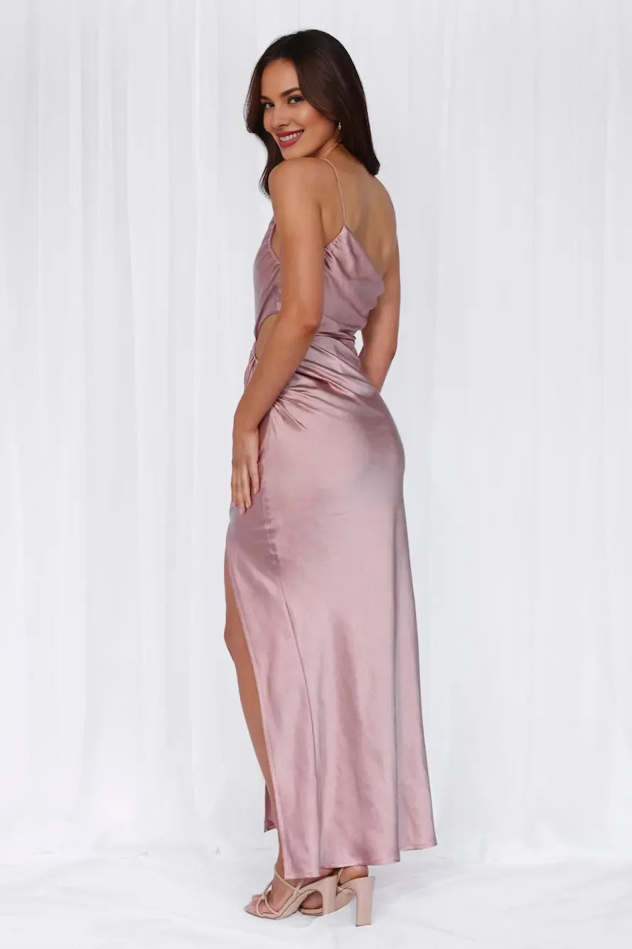 Slim-fit One Shoulder Cutout Waist Satin Dusty Pink Maxi Evening Dress