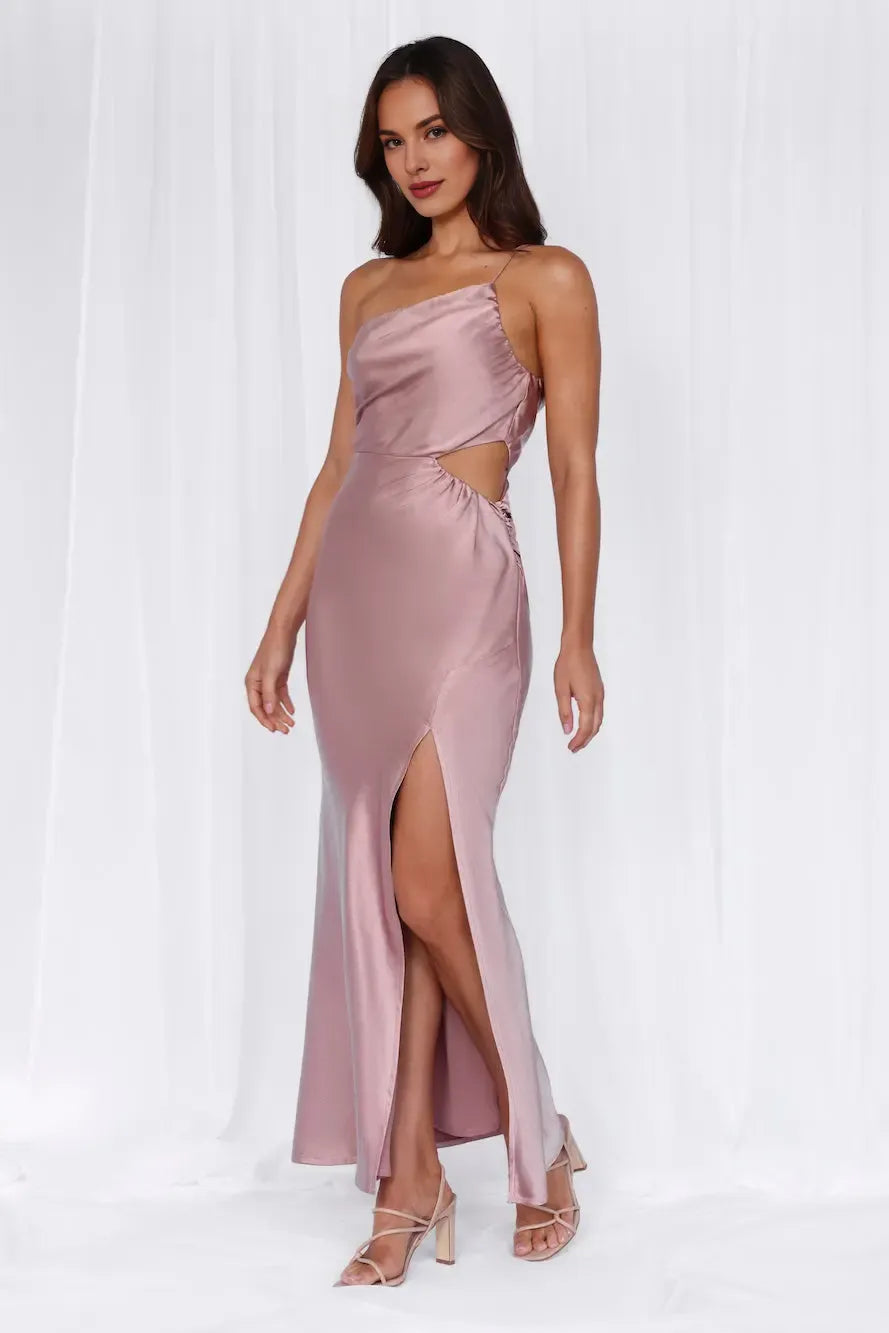 Slim-fit One Shoulder Cutout Waist Satin Dusty Pink Maxi Evening Dress