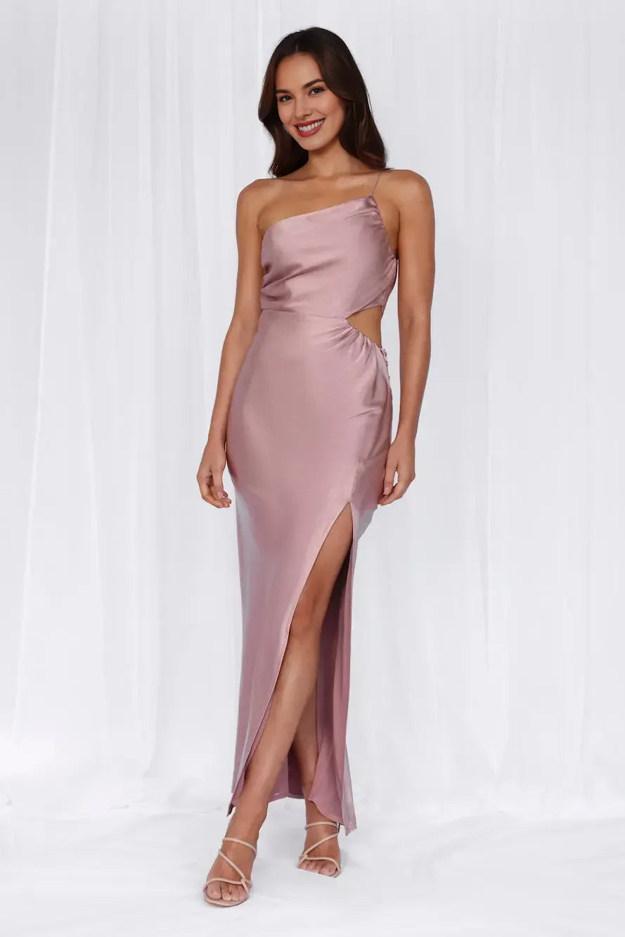 Slim-fit One Shoulder Cutout Waist Satin Dusty Pink Maxi Evening Dress