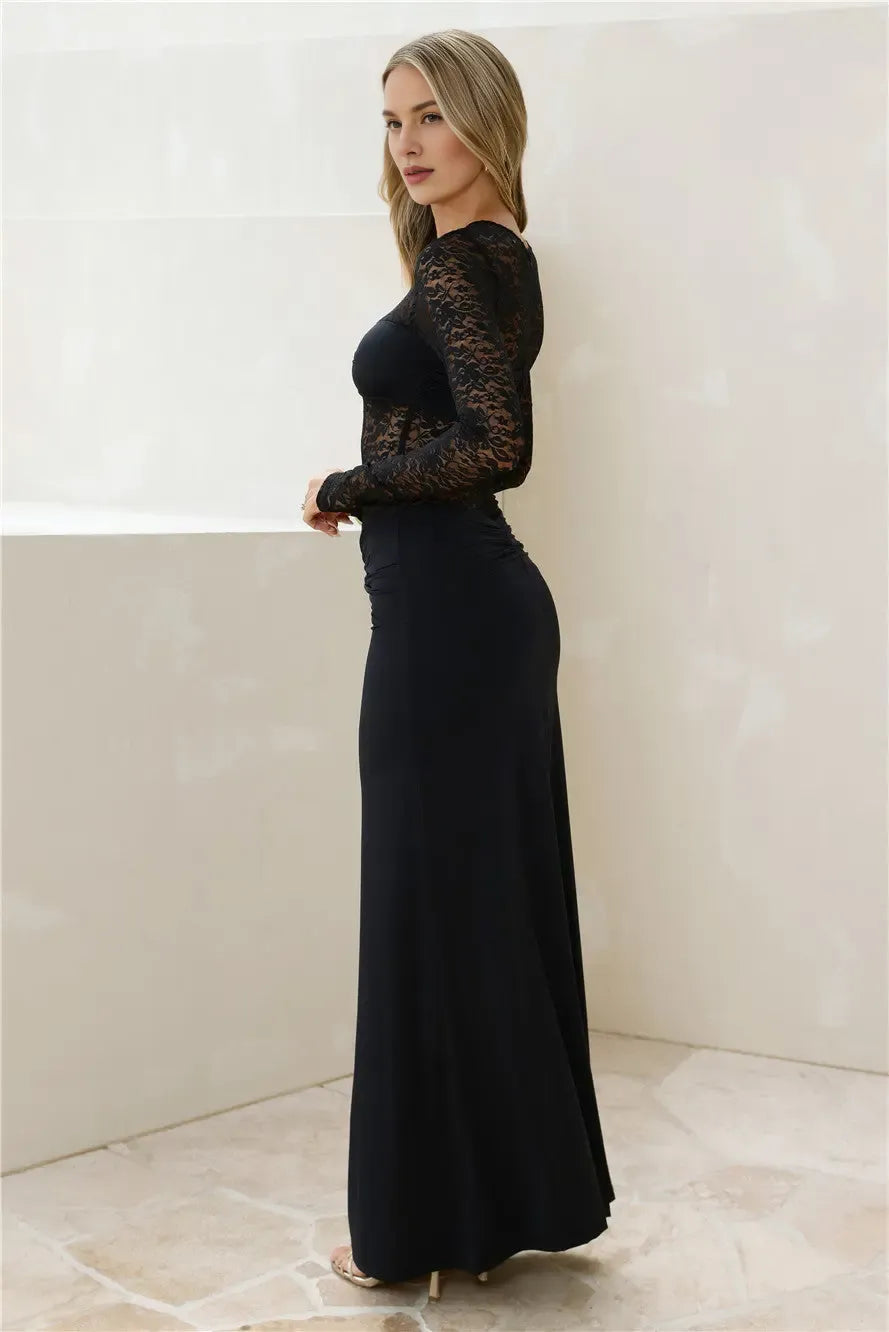 Slim-fit Round Neck Long Sleeves Sheer Lace Black Maxi Evening Dress
