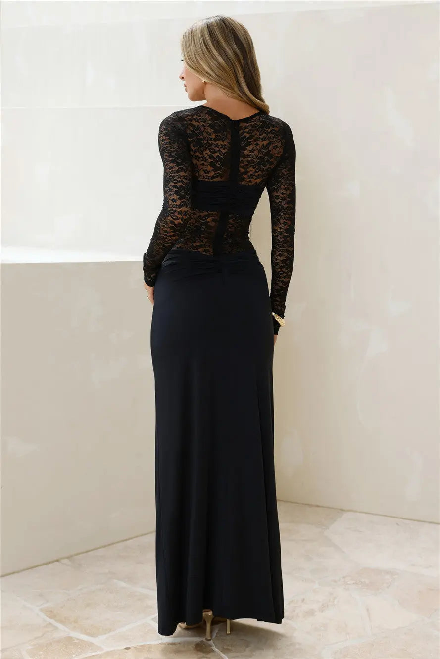 Slim-fit Round Neck Long Sleeves Sheer Lace Black Maxi Evening Dress