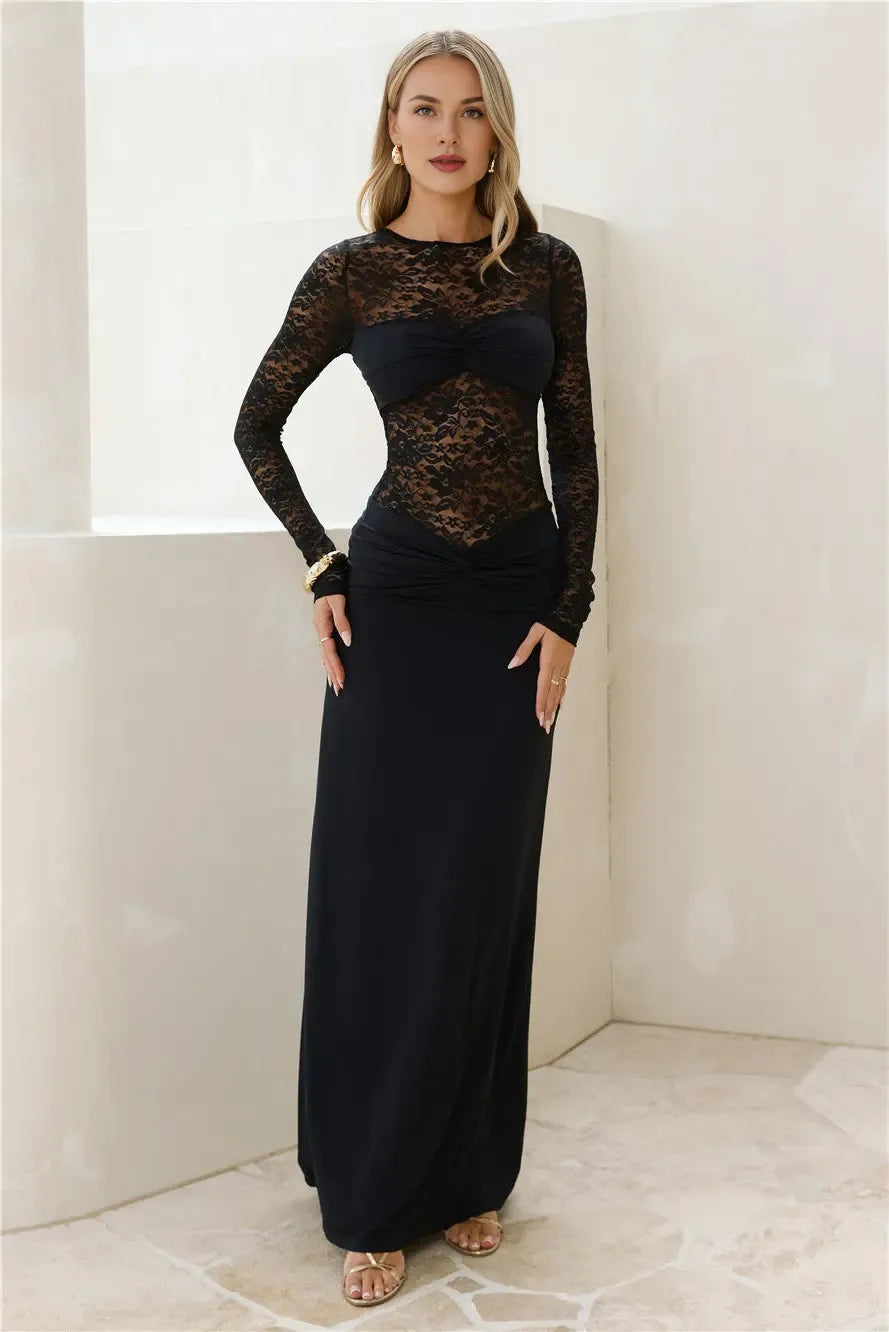 Slim-fit Round Neck Long Sleeves Sheer Lace Black Maxi Evening Dress