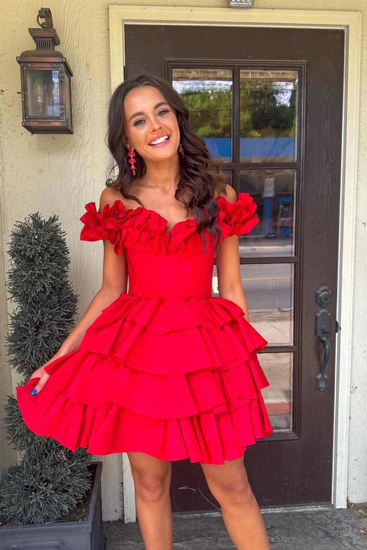 DingJiDress A-Line Empire-Waist Short Homecoming Dress Hot Pink Off the Shoulder Ruffle Satin