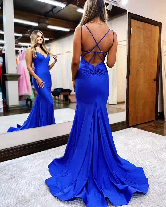 DingJiDress Mermaid Prom Dresses Straps Satin With Open Back